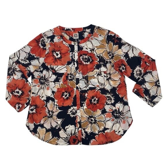 Anne Klein Size 14 Floral Print Red Black Beige Button Blouse Roll Tab Sleeve - Picture 1 of 11